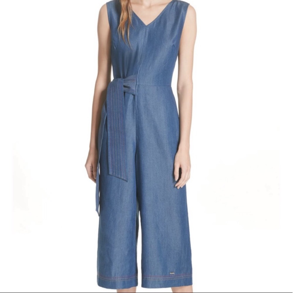 ❤️Ted Baker London Chambray Mid Wash High Waist Pipere Romper Jumpsuit SideBelt